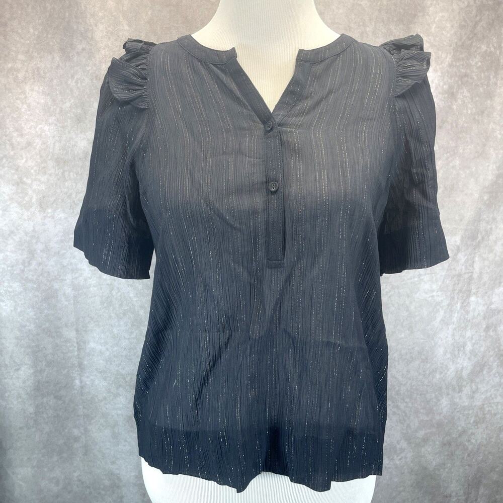 NWT Marie Oliver XS Top Sheer Black w/Gold Metallic Pinstripes Ruffled Cap Slv